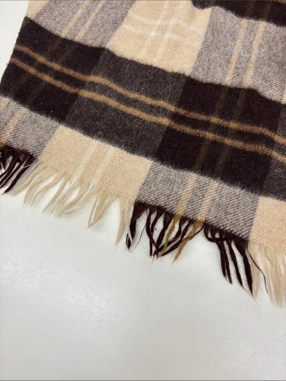 Johnstons of Elgin Cashmere Brown, Beige, and Gray Plaid Fringe Scarf